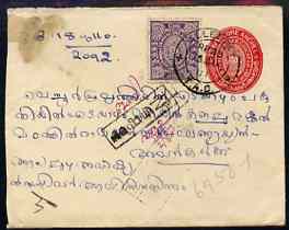 Indian States - Travancore 1910 3/4Ch Native p/stat env with additional 3Ch adhesive with Experimental cancel on reverse, stamps on 