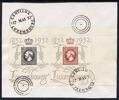 Luxembourg 1952 National Philatyelic Exhibition 2f & 4f on piece with special Centilux cancel, SG 552fa cat \A395, stamps on 