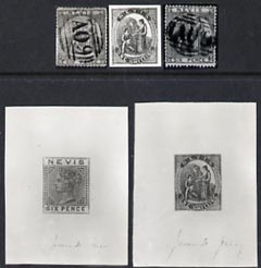 St Kitts-Nevis photographs from Speratis original negatives 5 photos incl 2 die proofs & one with special h/stamp, stamps on forgeries, stamps on forger, stamps on forgery, stamps on sperati