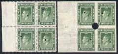 Newfoundland 1941-44 KG6 2c perf & imperf matched proof blocks of 4 ex archives for checking, each stamp with Waterlow security punch hole, some wrinkling, SG277, stamps on , stamps on  kg6 , stamps on 