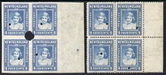 Newfoundland 1941-44 KG6 Princess Elizabeth 4c in perf & imperf proof blocks of 4 from Waterlow archives, each stamp with security punch hole, SG279 some wrinkling, stamps on , stamps on  kg6 , stamps on 