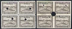 Newfoundland 1941-44 KG6 Salmon 10c in perf & imperf proof blocks of 4 from Waterlow archives, each stamp with security punch hole, SG283 some wrinkling, stamps on , stamps on  kg6 , stamps on 