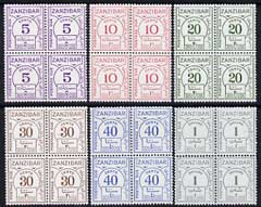 Zanzibar 1936-62 Postage Due set of 6 on chalky paper in superb unmounted mint blocks of 4, SG D25a-30a, stamps on 