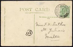 Ireland 1907 PPC (Irish International Exhibition) bearing Great Britain 1/2d with exhibition cancel to Malta, fine, stamps on 