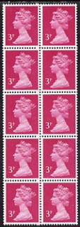 Great Britain 1971-91 QEII Machin 3p bright magenta block of 10 with blind perforation on every horizontal row (broken perf pin), superb unmounted mint and an inexpensive..., stamps on 