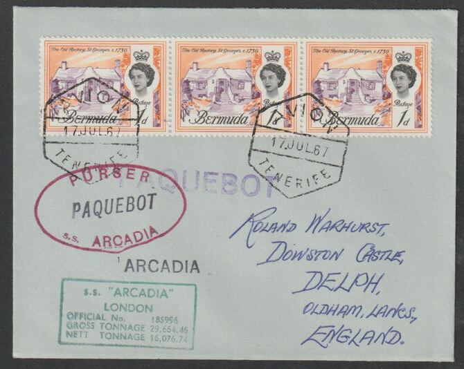 Bermuda used in Tenerife 1967 Paquebot cover to England carried on SS Arcadia with various paquebot and ships cachets, stamps on paquebot