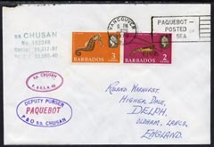 Barbados used in Vancouver (Canada) 1970 Paquebot cover to England carried on SS Chusan with various paquebot and ships cachets, stamps on paquebot