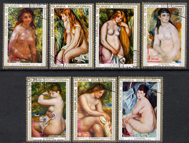Equatorial Guinea 1973 Nude Paintings by Renoir cto set of 7, Mi 208-14*, stamps on arts   nudes    renoir