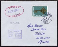 Belgium used in Lisbon (Portugal) 1968 Paquebot cover to England carried on SS Arcadia with various paquebot and ships cachets, stamps on paquebot