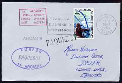 South Africa used in Kobe (Japan) 1968 Paquebot cover to England carried on SS Arcadia with various paquebot and ships cachets, stamps on paquebot