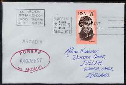 South Africa used in Brisbane (Queensland) 1968 Paquebot cover to England carried on SS Arcadia with various paquebot and ships cachets, stamps on paquebot