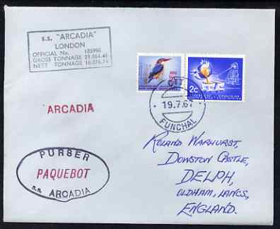South Africa used in Funchal (Portugal) 1968 Paquebot cover to England carried on SS Arcadia with various paquebot and ships cachets, stamps on paquebot