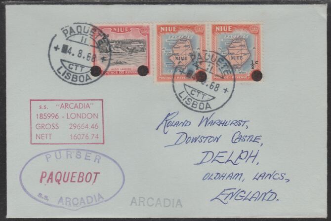 Niue used in Lisbon (Portugal) 1968 Paquebot cover to England carried on SS Arcadia with various paquebot and ships cachets, stamps on paquebot