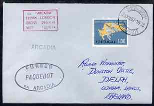 Portugal used in Cape Town (South Africa) 1968 Paquebot cover to England carried on SS Arcadia with various paquebot and ships cachets, stamps on paquebot