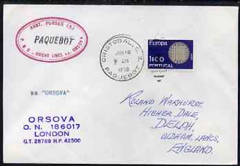 Portugal used in Cristobal (Canal Zone) 1970 Paquebot cover to England carried on SS Orsova with various paquebot and ships cachets, stamps on paquebot