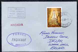 Portugal used in Durban (South Africa) 1968 Paquebot cover to England carried on SS Arcadia with various paquebot and ships cachets, stamps on paquebot