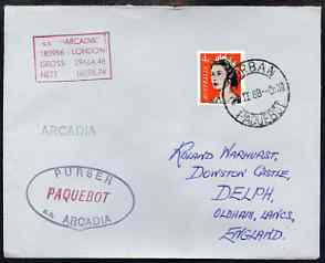 Australia used in Durban (South Africa) 1968 Paquebot cover to England carried on SS Arcadia with various paquebot and ships cachets, stamps on paquebot