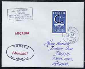 France used in Funchal (Portugal) 1968 Paquebot cover to England carried on SS Arcadia with various paquebot and ships cachets, stamps on paquebot