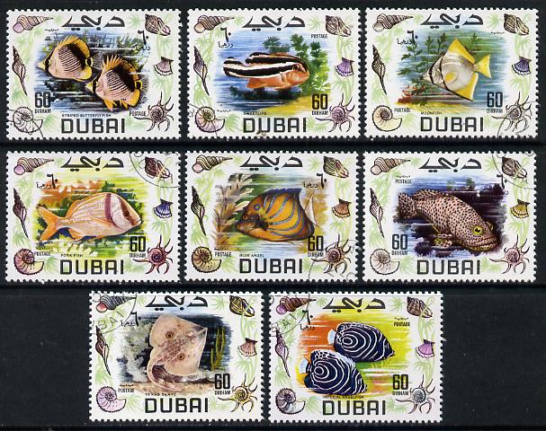 Dubai 1969 Fish cto set of 8, SG 329-36*, stamps on fish, stamps on marine-life, stamps on shells