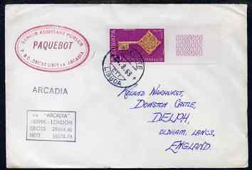 France used in Lisbon (Portugal) 1968 Paquebot cover to England carried on SS Arcadia with various paquebot and ships cachets, stamps on paquebot