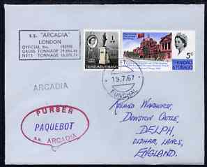 Trinidad & Tobago used in Funchal (Portugal) 1967 Paquebot cover to England carried on SS Arcadia with various paquebot and ships cachets, stamps on paquebot