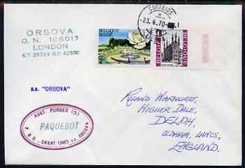 Belgium used in Lisbon (Portugal) 1970 Paquebot cover to England carried on SS Orsova with various paquebot and ships cachets, stamps on paquebot