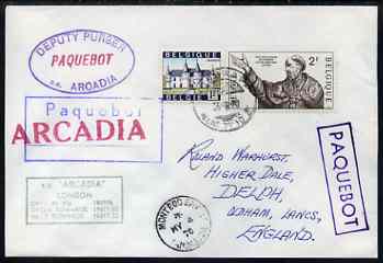 Belgium used in Montego Bay (Jamaica) 1970 Paquebot cover to England carried on SS Arcadia with various paquebot and ships cachets, stamps on paquebot