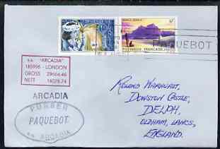 French Polynesia used in Perth (Western Australia) 1968 Paquebot cover to England carried on SS Arcadia with various paquebot and ships cachets, stamps on paquebot