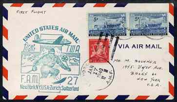 United States 1949 First Flight cover to Switzerland (New York to Zurich) with special FAM 27 cachet , stamps on , stamps on  stamps on united states 1949 first flight cover to switzerland (new york to zurich) with special fam 27 cachet 