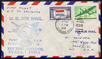 United States 1947 First Flight cover to Calcutta, India with special FAM 18 cachet , stamps on 