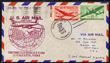 United States 1947 Round the World Flight cover San Francisco to Honolulu to Guam to Calcutta with special FAM 14 cachet , stamps on 