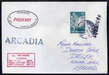 Luxembourg used in Lisbon (Portugal) 1968 Paquebot cover to England carried on SS Arcadia with various paquebot and ships cachets, stamps on paquebot
