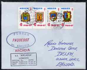 Mexico used in Lisbon (Portugal) 1967 Paquebot cover to England carried on SS Arcadia with various paquebot and ships cachets, stamps on paquebot