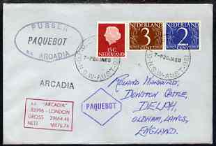 Netherlands used in Sydney (New South Wales) 1968 Paquebot cover to England carried on SS Arcadia with various paquebot and ships cachets, stamps on paquebot