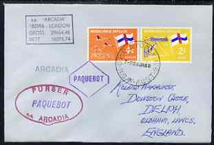 Netherlands Antilles used in Sydney (New South Wales) 1968 Paquebot cover to England carried on SS Arcadia with various paquebot and ships cachets, stamps on paquebot