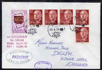 Spain used in Lisbon (Portugal) 1970 Paquebot cover to England carried on SS Chusan with various paquebot and ships cachets, stamps on paquebot