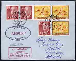 Spain used in Lisbon (Portugal) 1967/8 Paquebot cover to England carried on SS Arcadia with various paquebot and ships cachets, stamps on paquebot