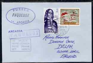 Spain used in Kobe (Japan) 1968 Paquebot cover to England carried on SS Arcadia with various paquebot and ships cachets, stamps on paquebot