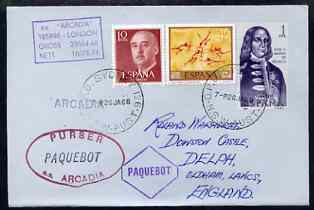 Spain used in Sydney (New South Wales) 1968 Paquebot cover to England carried on SS Arcadia with various paquebot and ships cachets, stamps on paquebot