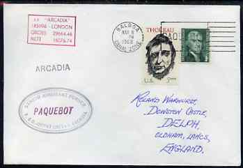 United States used in Balboa (Canal Zone) 1968 Paquebot cover to England carried on SS Arcadia with various paquebot and ships cachets, stamps on paquebot