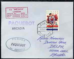 United States used in Tenerife 1967 Paquebot cover to England carried on SS Arcadia with various paquebot and ships cachets, stamps on paquebot