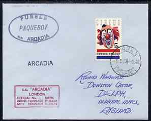 United States used in Durban (South Africa) 1968 Paquebot cover to England carried on SS Arcadia with various paquebot and ships cachets, stamps on paquebot