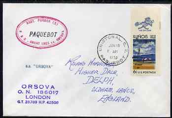 United States used in Cristobal (Canal Zone) 1970 Paquebot cover to England carried on SS Orsova with various paquebot and ships cachets, stamps on paquebot