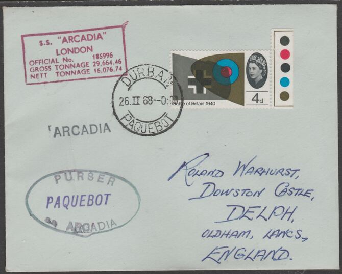 Great Britain used in Durban (South Africa) 1968 Paquebot cover to England carried on SS Arcadia with various paquebot and ships cachets, stamps on paquebot