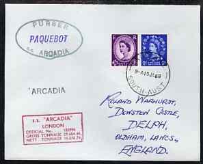 Great Britain used in Adelaide (South Australia) 1968 Paquebot cover to England carried on SS Arcadia with various paquebot and ships cachets, stamps on paquebot