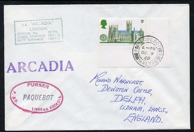 Great Britain used in Malta 1969 Paquebot cover to England carried on SS Arcadia with various paquebot and ships cachets, stamps on paquebot