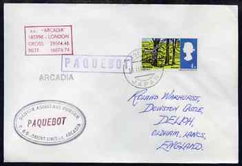 Great Britain used in Kobe (Japan) 1968 Paquebot cover to England carried on SS Arcadia with various paquebot and ships cachets, stamps on paquebot