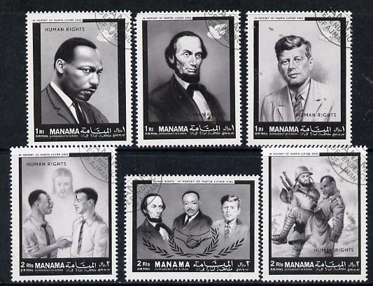Manama 1968 Human Rights (Kennedy, Lincoln, Martin Luther King, etc) cto set of 6 (Mi 99-104), stamps on human rights, stamps on kennedy, stamps on nobel, stamps on personalities, stamps on usa presidents, stamps on americana