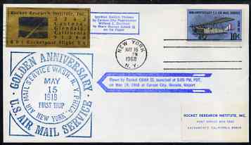 United States 1968 Golden Anniversary Rocket Flight cover with RRI label & special cachet in blue, numbered as one of 1,050, stamps on 