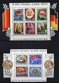 Germany - East 1953 Death Anniversary of Karl Marx set of 2 perf m/sheets mounted with frames cut away for display, SG MS E111a cat 00 as full m/sheets, stamps on 